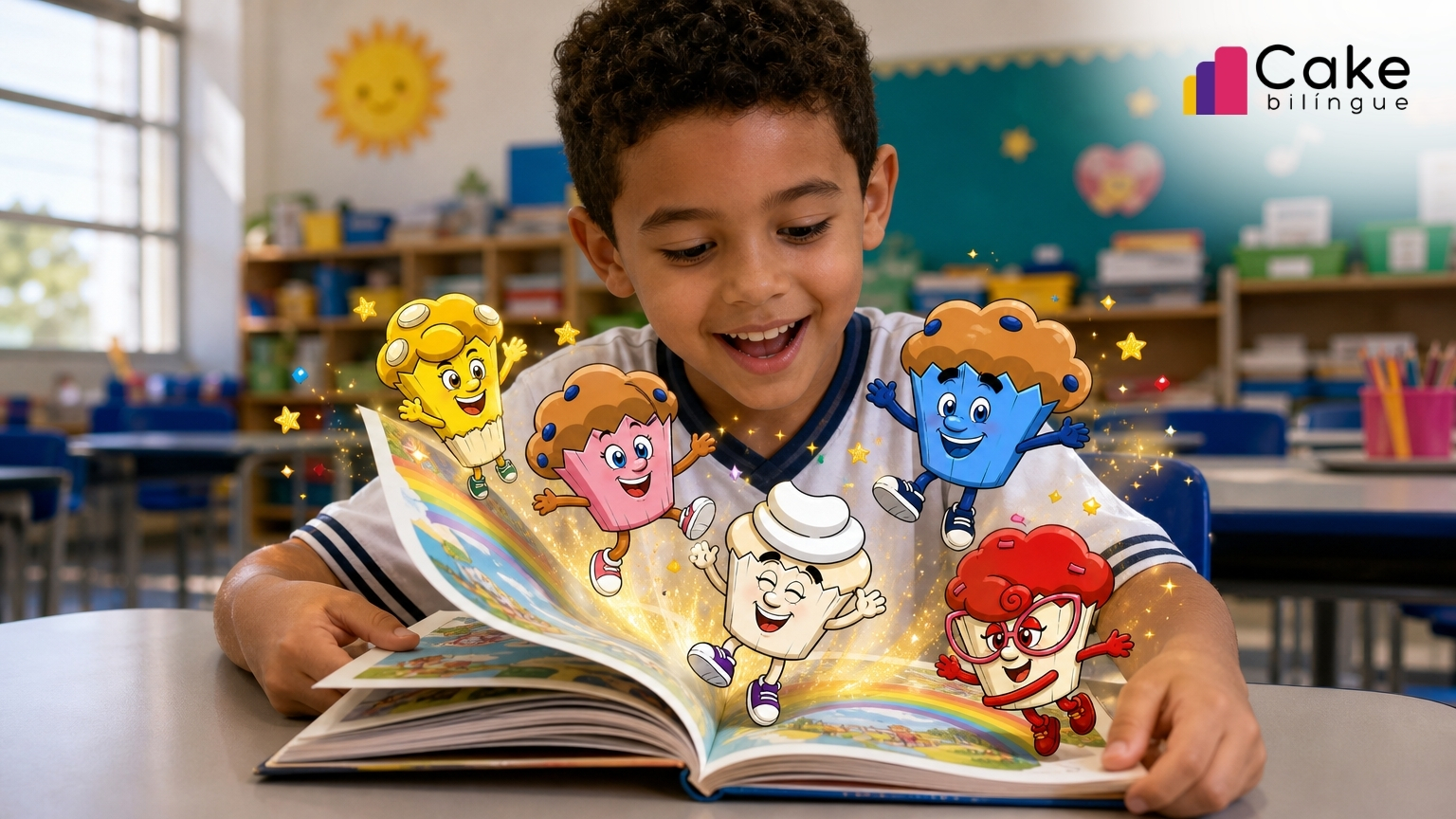 impacto do bilinguismo no futuro das crianças, criança lendo livro de inglês com personagens da Cake na escola pública