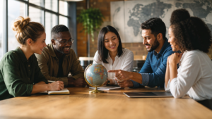 diversidade cultural e mindset global na carreira, time diverso colaborando em ambiente de trabalho global